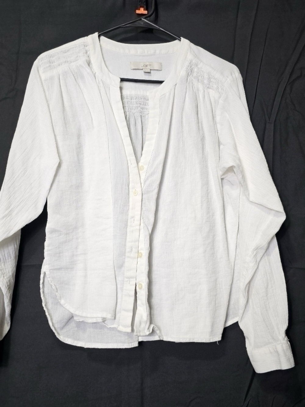 LOFT White Button-Front Gauze Shirt with Smocked Yoke